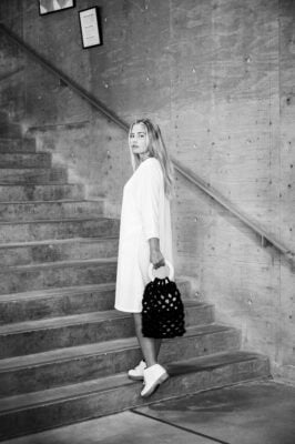 Black net bag with wooden handle