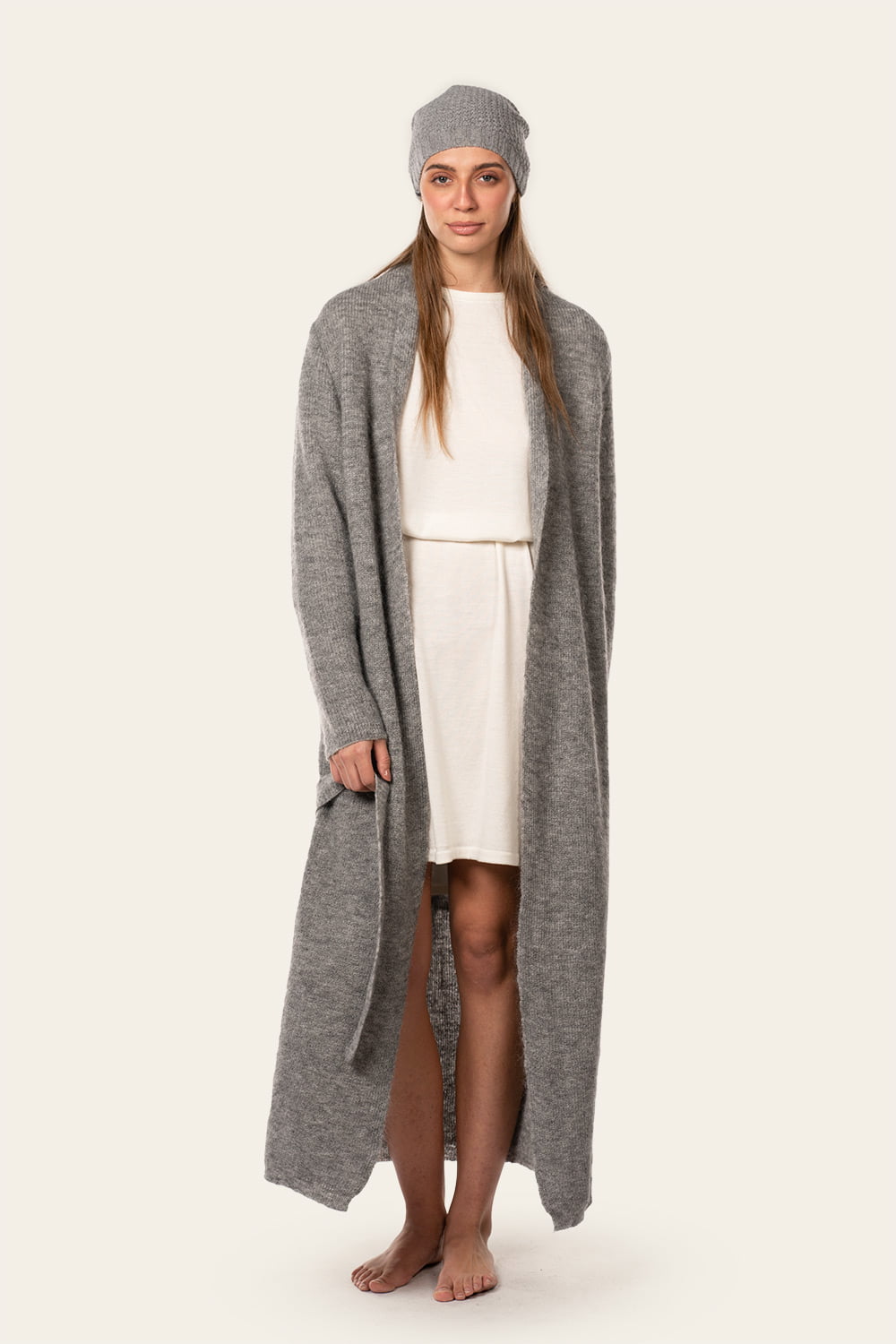 Long gray cardigan with off-white dress