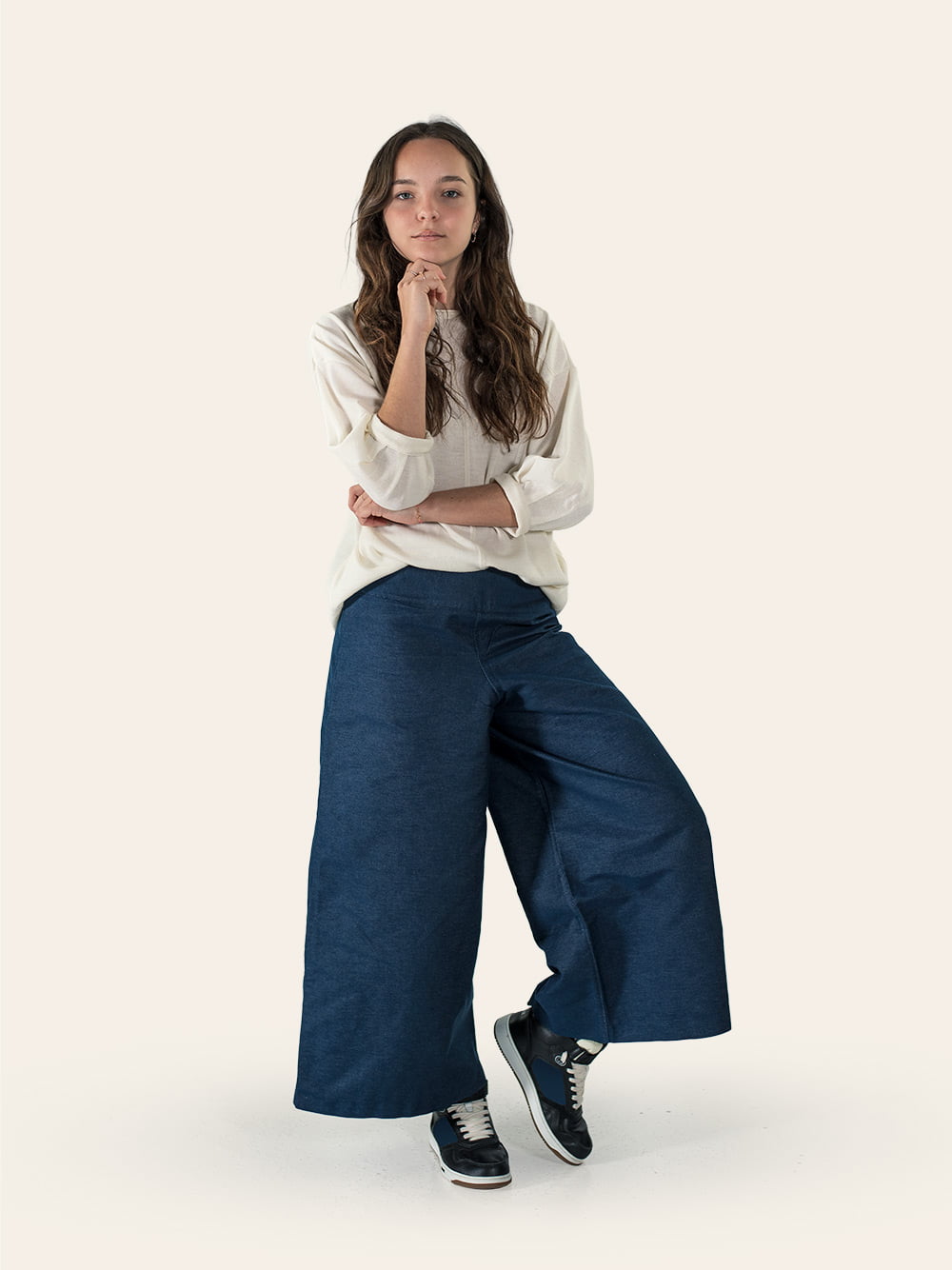 Wide denim trousers with wool shirt